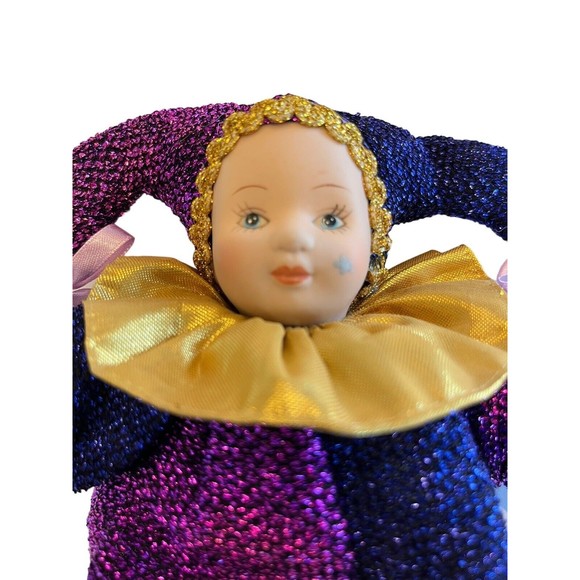 Mardi Gras Jester Porcelain Head Cloth Limbs Doll Vtg. Purple Gold Metallic 8" - Picture 4 of 4